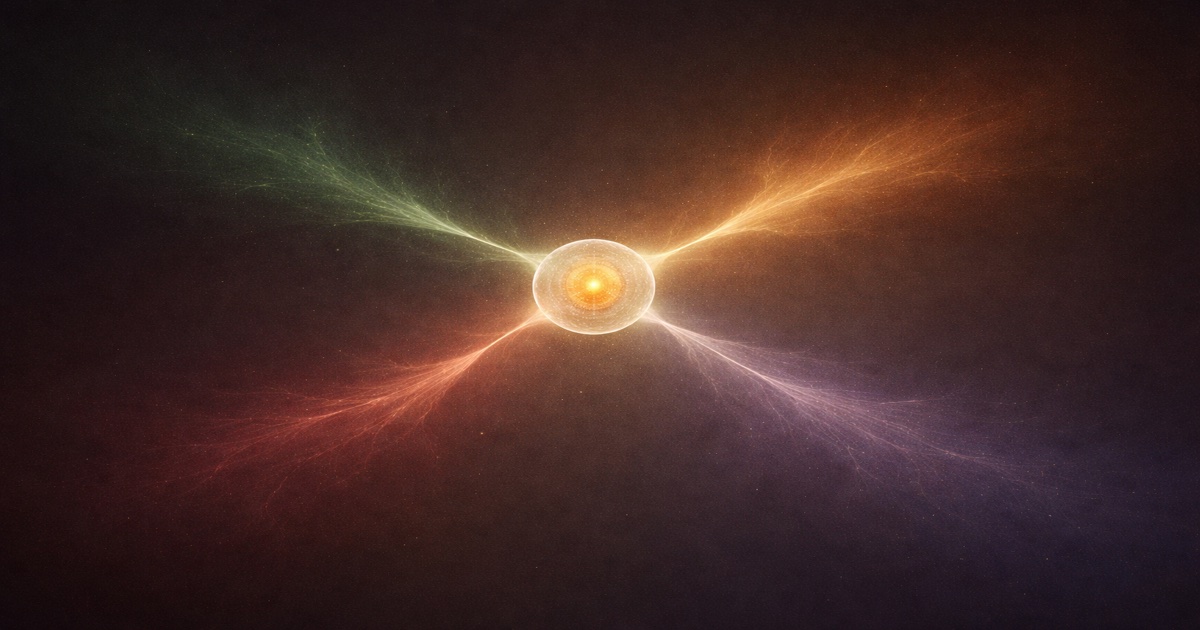 Représentation schématique d'une mitochondrie rayonnant vers quatre voies biologiques : fatigue, dysautonomie, brouillard mental et douleur