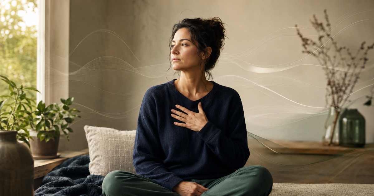 Personne assise dans un environnement calme après une surcharge sensorielle, avec une évocation discrète du rythme cardiaque et de la récupération