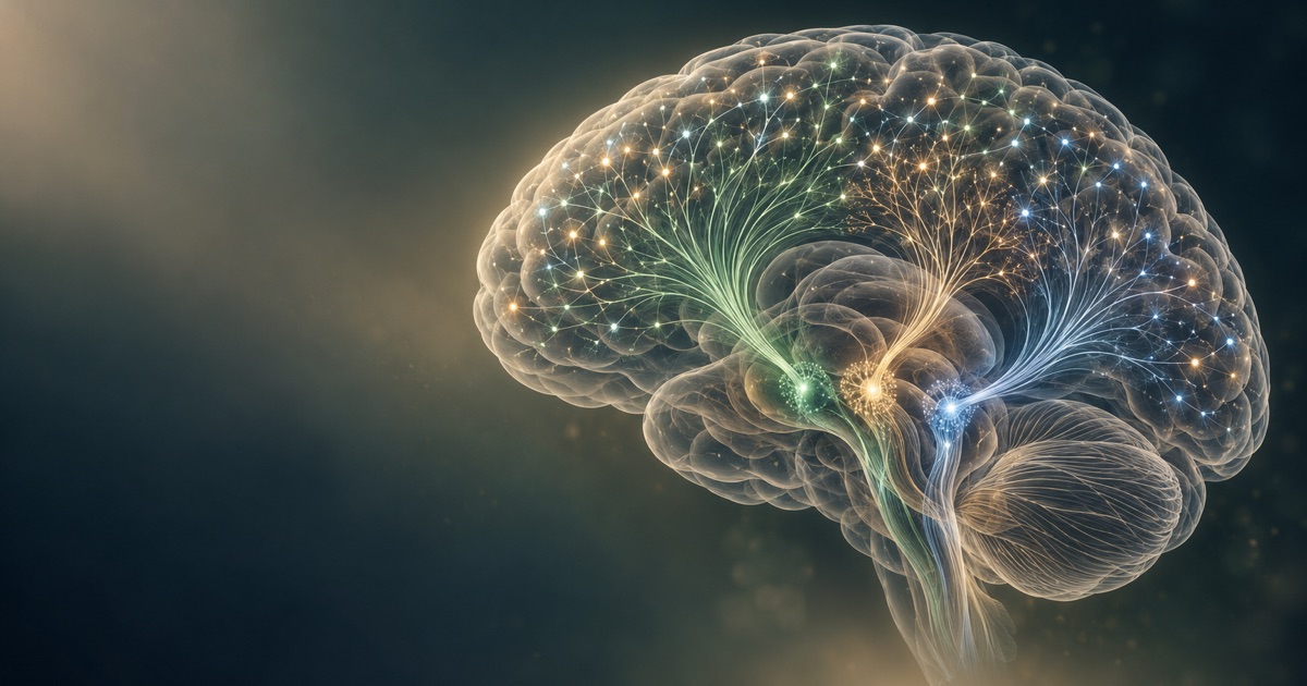 Cerveau translucide : trois centres du tronc cérébral envoient des fibres vers un réseau cortical, image du réglage de la réactivité
