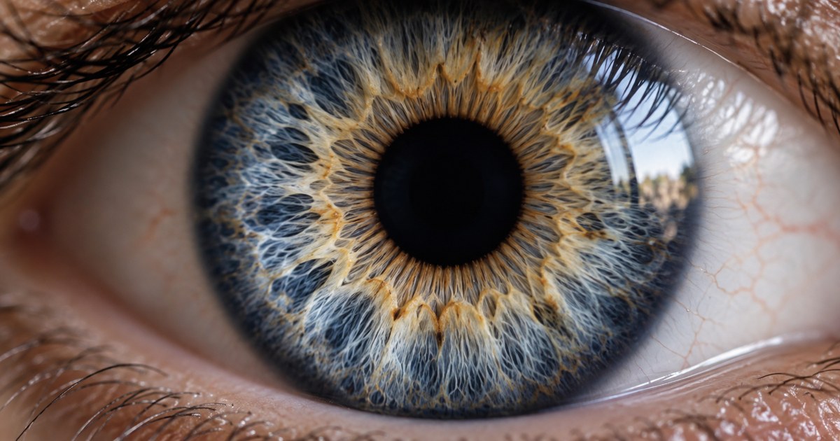 Macro d'un iris bleu, le réseau de fibres de l'iris visible autour de la pupille