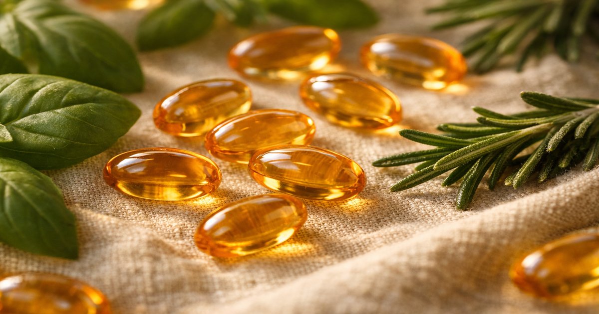 Molécules lipidiques — PEA, bêta-caryophyllène et oméga-3 — représentation abstraite semi-naturelle