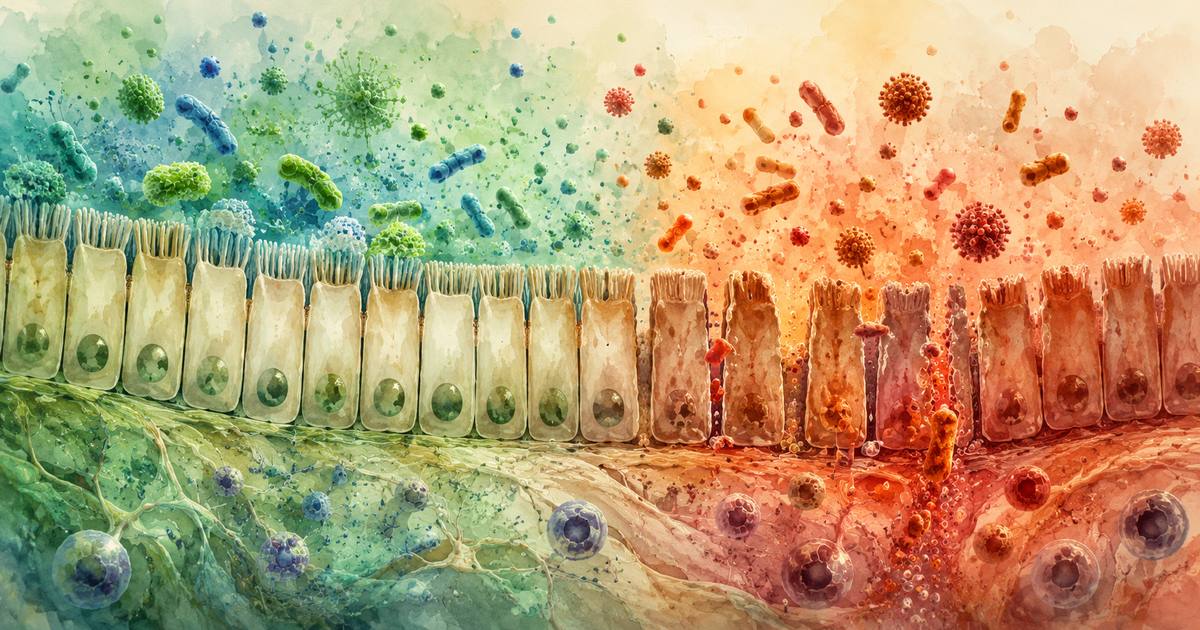 Schéma de la barrière intestinale montrant les jonctions serrées entre cellules épithéliales et le passage de LPS dans la circulation sanguine