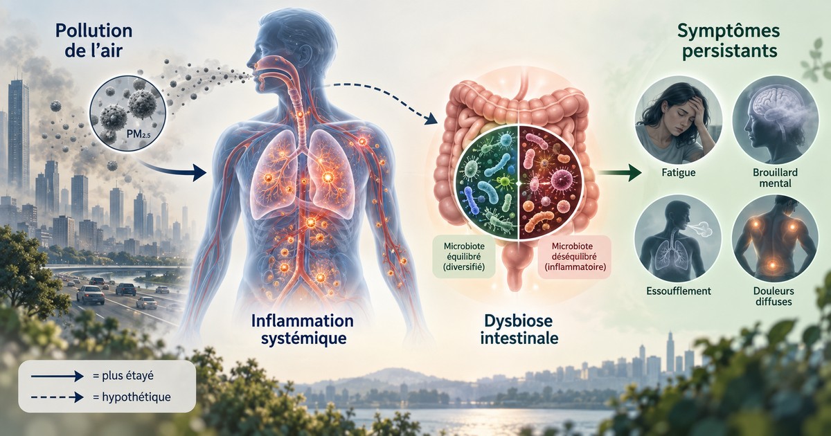 Schéma du modèle intégratif hypothétique reliant la pollution de l'air à une inflammation systémique, une possible dysbiose intestinale et des symptômes persistants (fatigue, brouillard mental, essoufflement, douleurs diffuses) ; les flèches en pointillés signalent les liens non démontrés chez l'humain