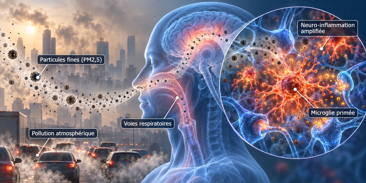 Schéma illustrant la pollution atmosphérique, les particules fines PM2,5, les voies respiratoires, la microglie primée et une neuro-inflammation amplifiée