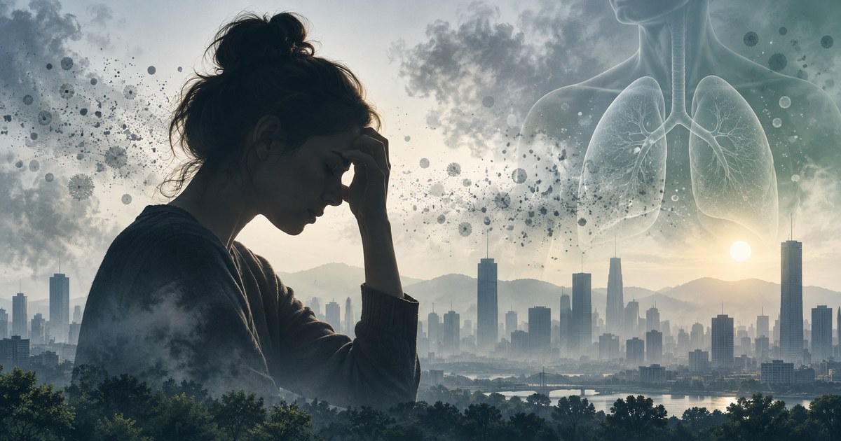 Illustration stylisée de particules fines de pollution atmosphérique au-dessus d'une silhouette urbaine, en lien avec le Covid long