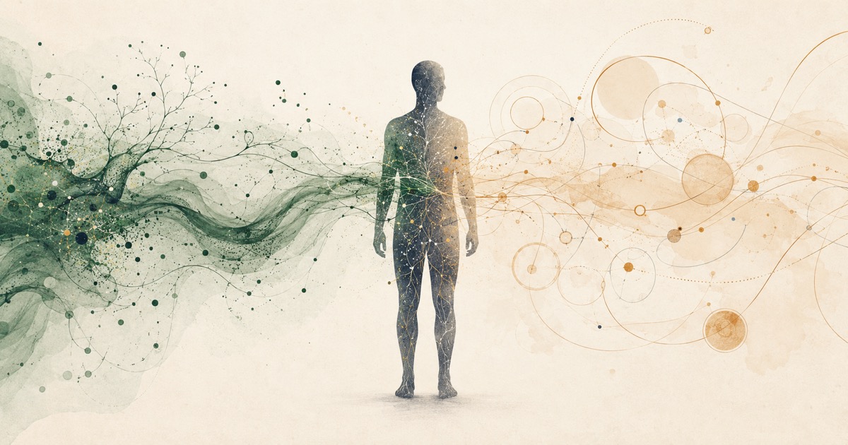 Silhouette devant deux trajectoires, l'une infectieuse et l'autre interprétative, pour illustrer la psychologisation secondaire du Covid long et de l'EM/SFC