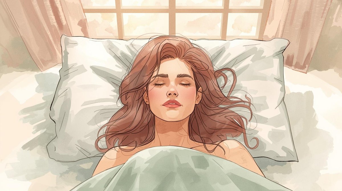 Femme allongée dans un lit, lumière douce du matin filtrant par la fenêtre — illustration aquarelle