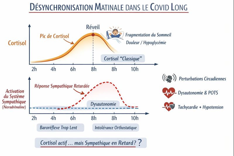 Schéma désynchronisation matinale dans le Covid long : courbe cortisol normale vs réponse sympathique retardée (noradrénaline)