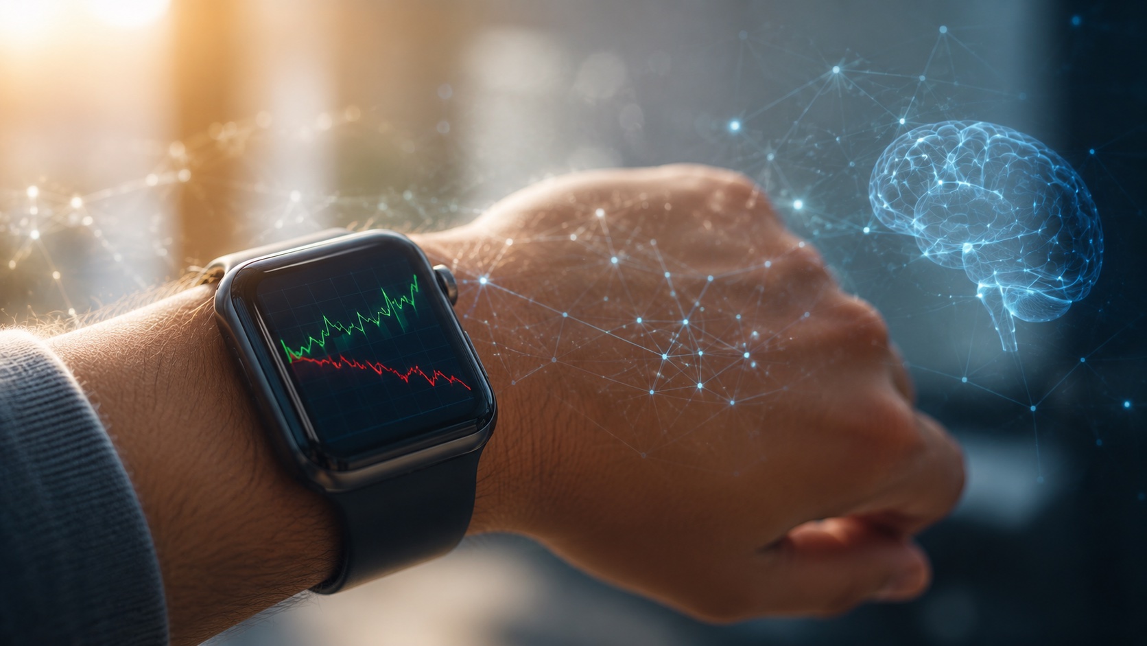 Montre connectée affichant des courbes de variabilité cardiaque avec une projection holographique du cerveau