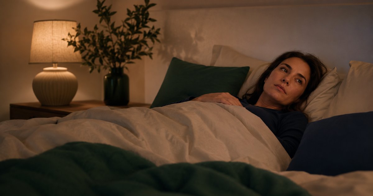 Personne allongée dans un lit au petit matin, lumière douce, illustrant la fatigue malgré une nuit de sommeil complète