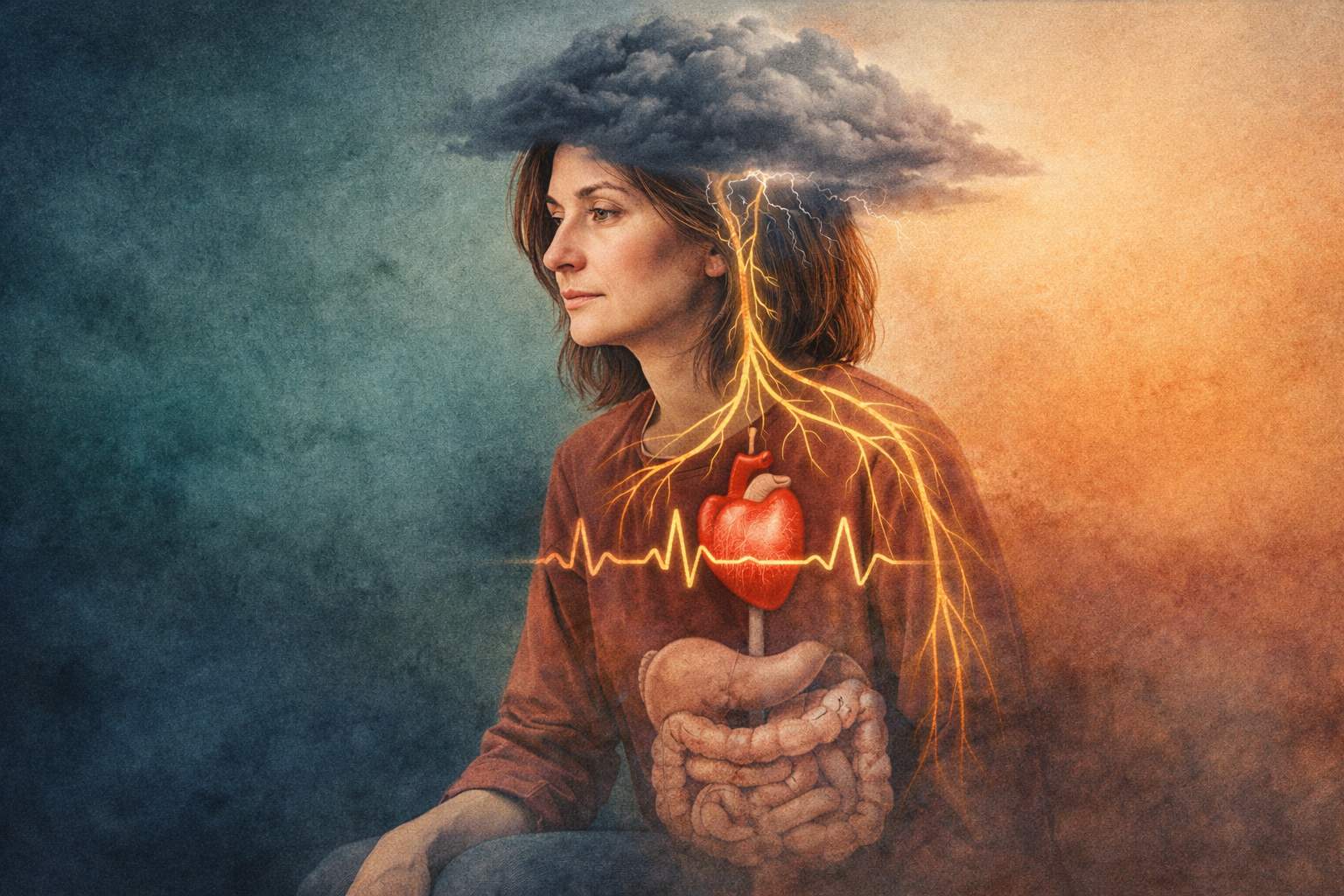Illustration médicale : femme en profil avec overlays anatomiques montrant les symptômes multi-systèmes du Covid long — nuage orageux représentant le brouillard mental, cœur avec ECG, système nerveux et intestins visibles