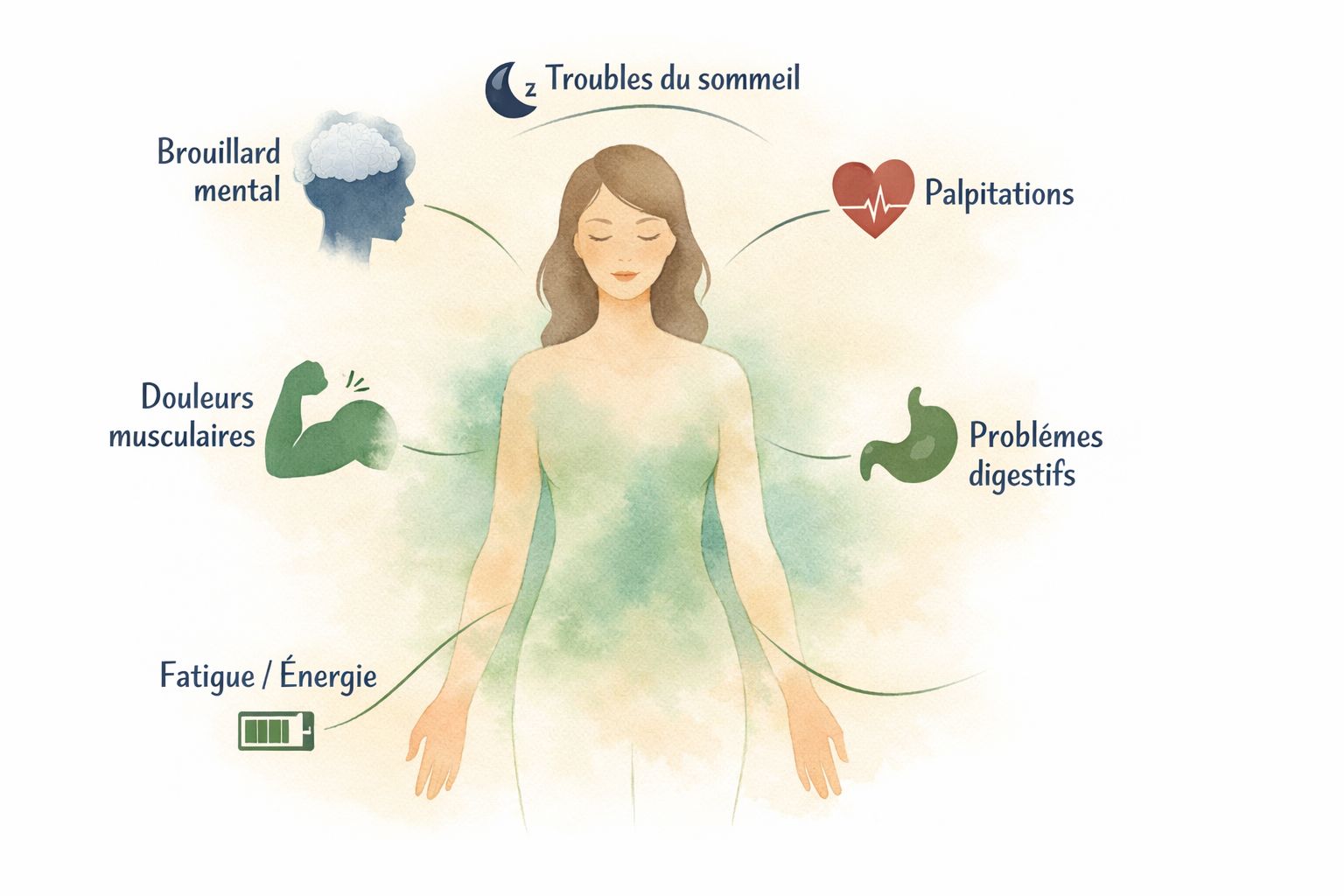 Illustration aquarelle d'une femme les yeux fermés, entourée de 6 zones de symptômes du Covid long reliées par des lignes courbes : brouillard mental, troubles du sommeil, palpitations, douleurs musculaires, problèmes digestifs, fatigue et énergie