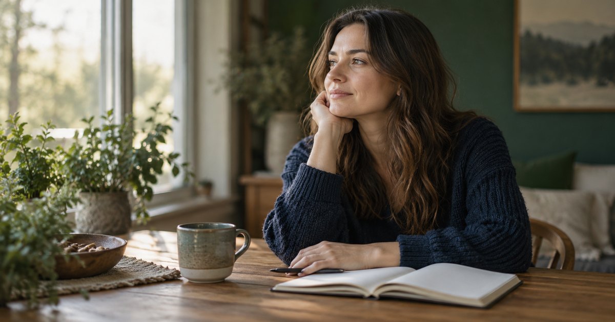Femme pensive, le menton dans la main, devant un carnet ouvert et une tasse, près d'une fenêtre