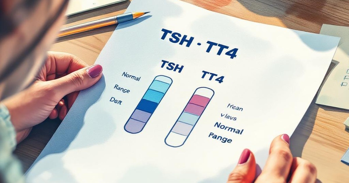 Résultats d'analyse sanguine avec TSH et T4 normaux, sur une table de consultation — le paradoxe du bilan normal et des symptômes réels