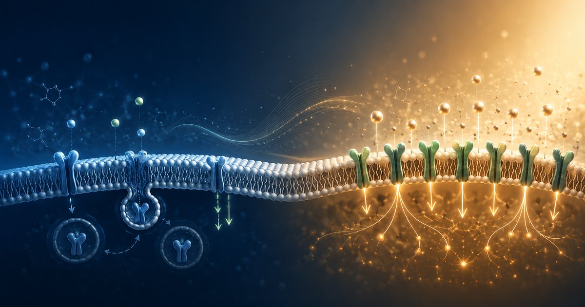 Illustration conceptuelle de récepteurs cellulaires à la surface d'une membrane, symbolisant l'adaptation de la sensibilité au signal