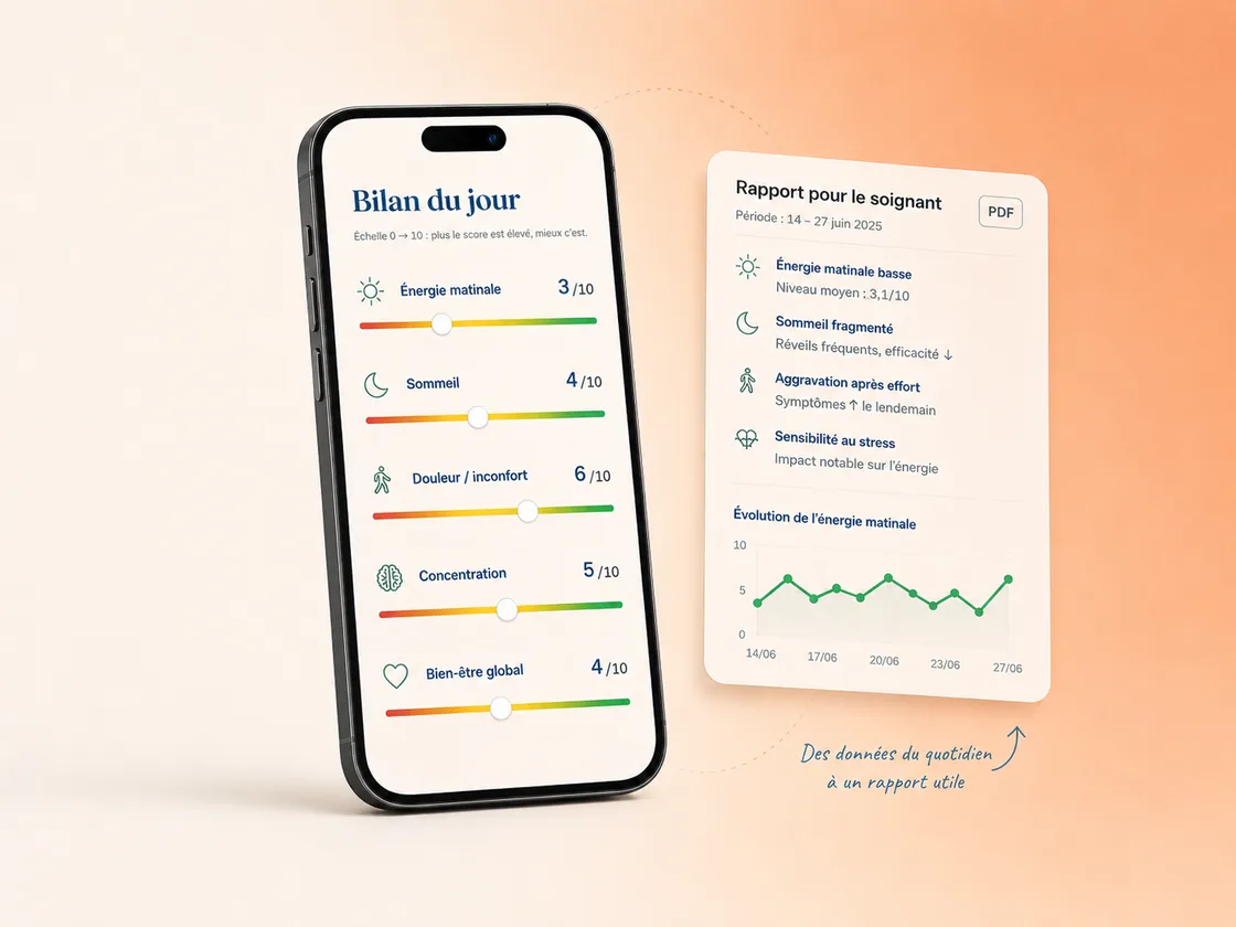 Aperçu de l'application Boussole — bilan du jour et rapport PDF pour le soignant