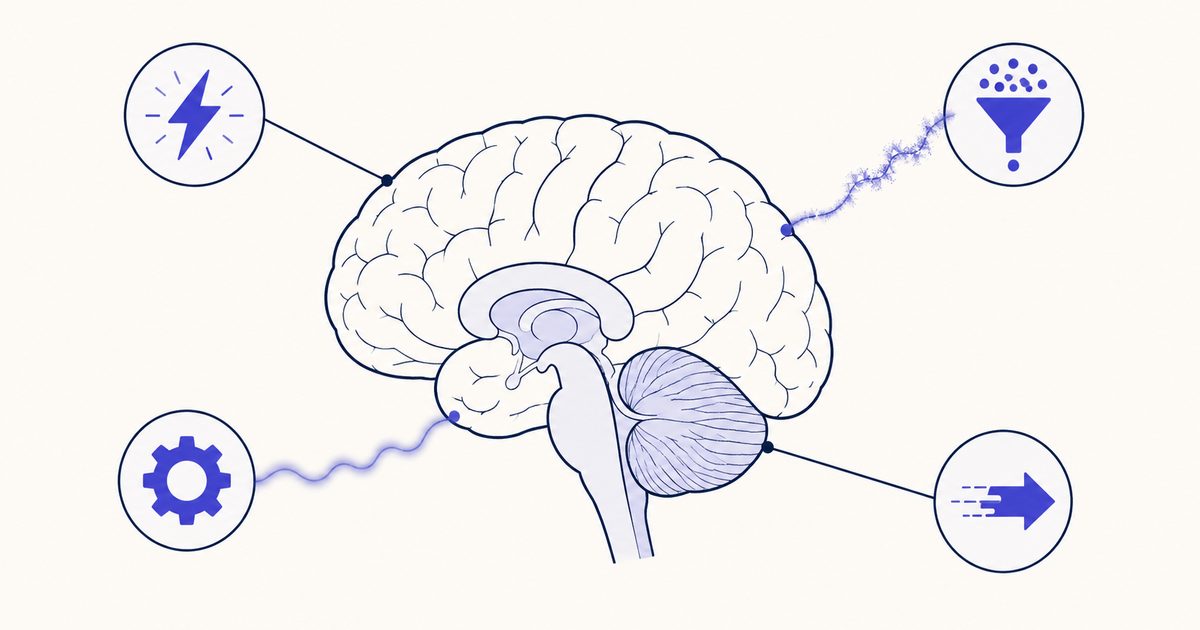 Illustration d'un cerveau entouré de quatre messagers chimiques représentant le brouillard mental