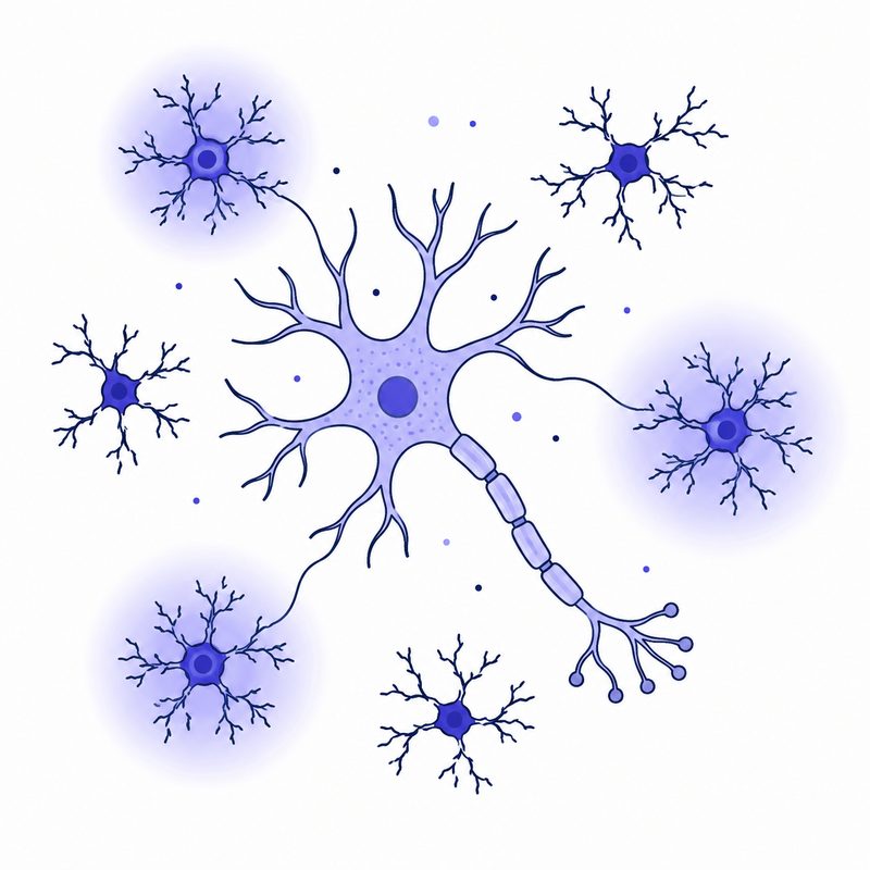 Illustration de cellules microgliales activées dans le cerveau en état d'inflammation