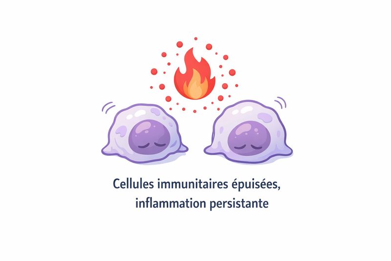 Illustration : cellules immunitaires épuisées, inflammation persistante