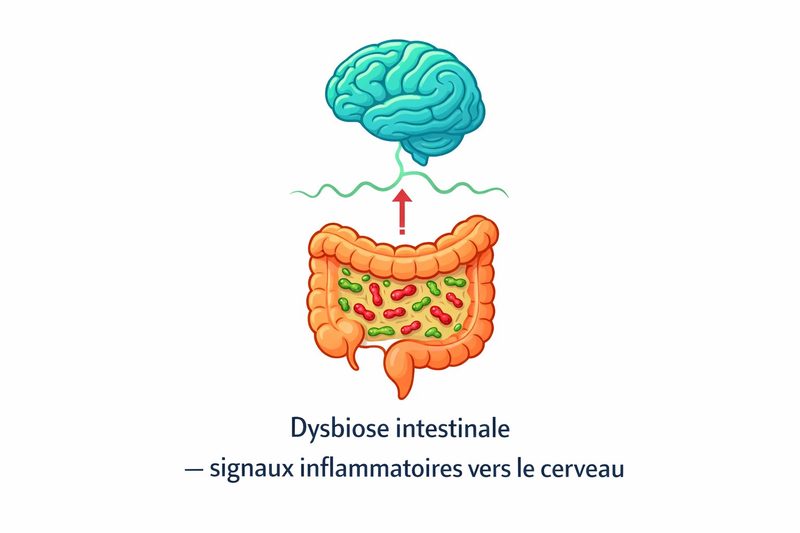Illustration : dysbiose intestinale, signaux inflammatoires vers le cerveau