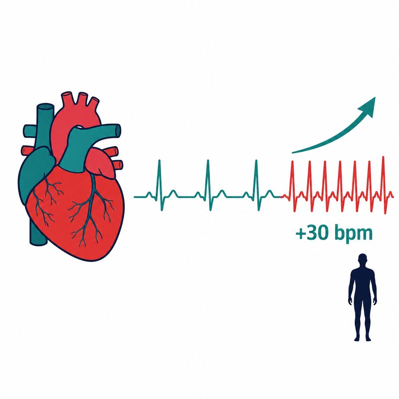 Graphique montrant l'augmentation de la fréquence cardiaque lors du passage en position debout dans le POTS versus la normale