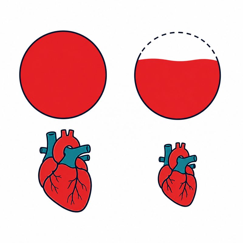 Schéma comparant le volume sanguin normal et le volume réduit dans le POTS avec hypovolémie