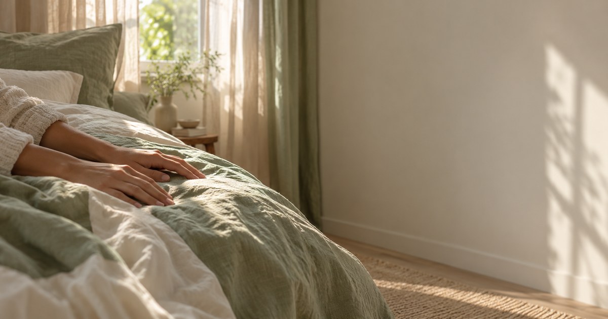 Des mains posées sur une couette vert sauge, dans une chambre calme baignée de lumière naturelle