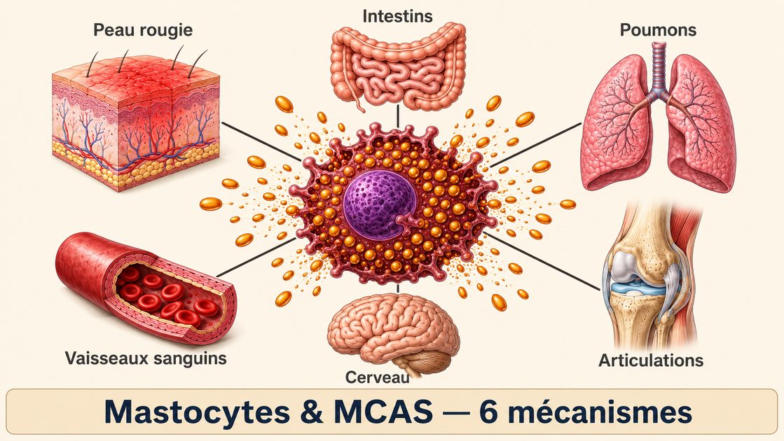Schéma d'un mastocyte en dégranulation libérant histamine et médiateurs inflammatoires