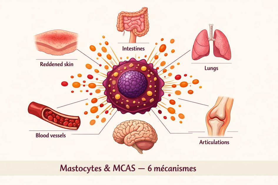 Schéma d'un mastocyte en dégranulation libérant histamine et médiateurs inflammatoires