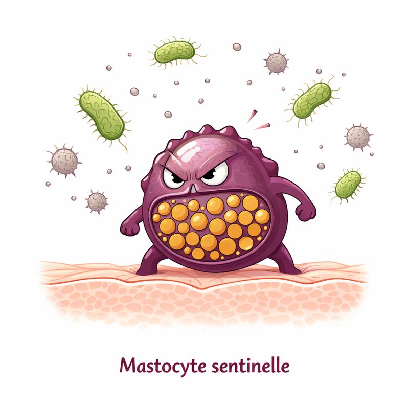 Mastocyte posté dans un tissu, avec ses granules visibles à l'intérieur