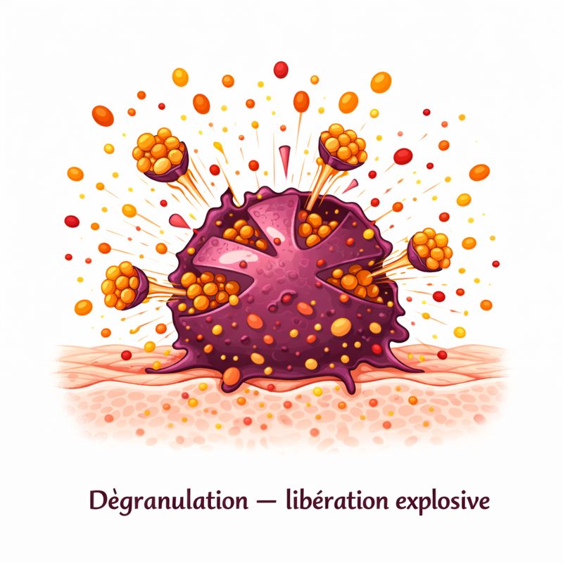 Mastocyte en cours de dégranulation avec granules qui fusionnent avec la membrane cellulaire