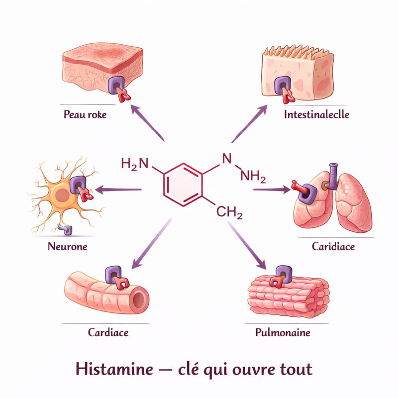 Molécule d'histamine se fixant sur des récepteurs dans différents tissus du corps