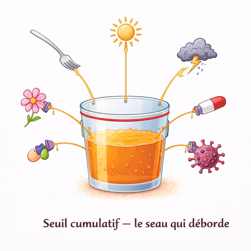 Schéma montrant différents déclencheurs mastocytaires : alimentation, température, stress, infections