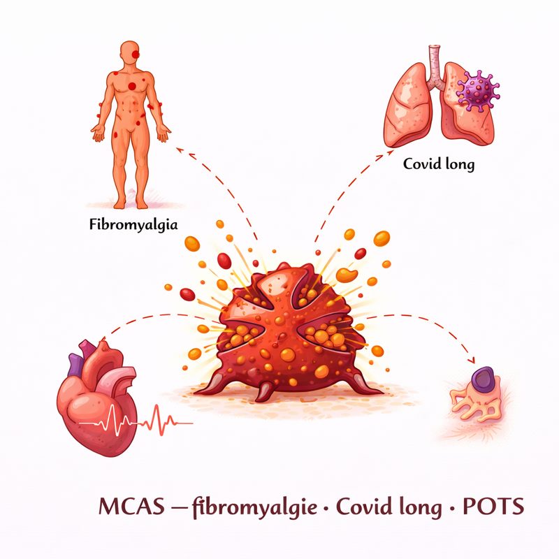 Schéma des liens entre SAMA, fibromyalgie, Covid long et POTS avec mastocyte central