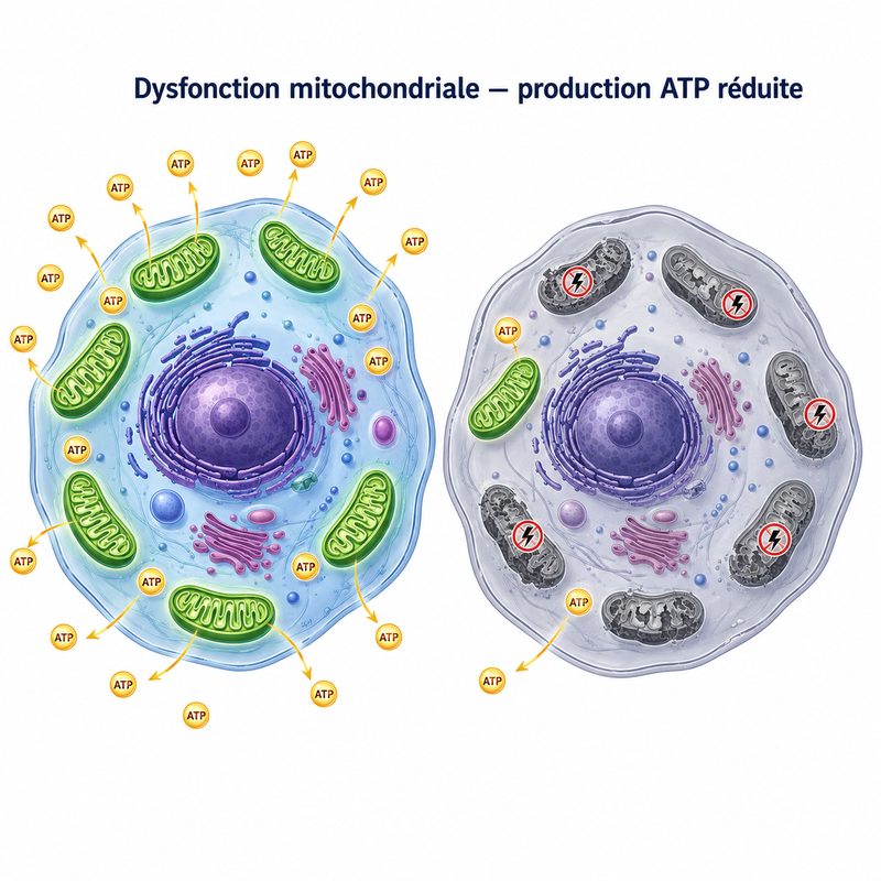 Illustration montrant des mitochondries dysfonctionnelles dans les cellules musculaires