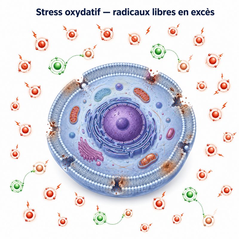 Illustration du stress oxydatif : radicaux libres débordant les défenses antioxydantes dans une cellule
