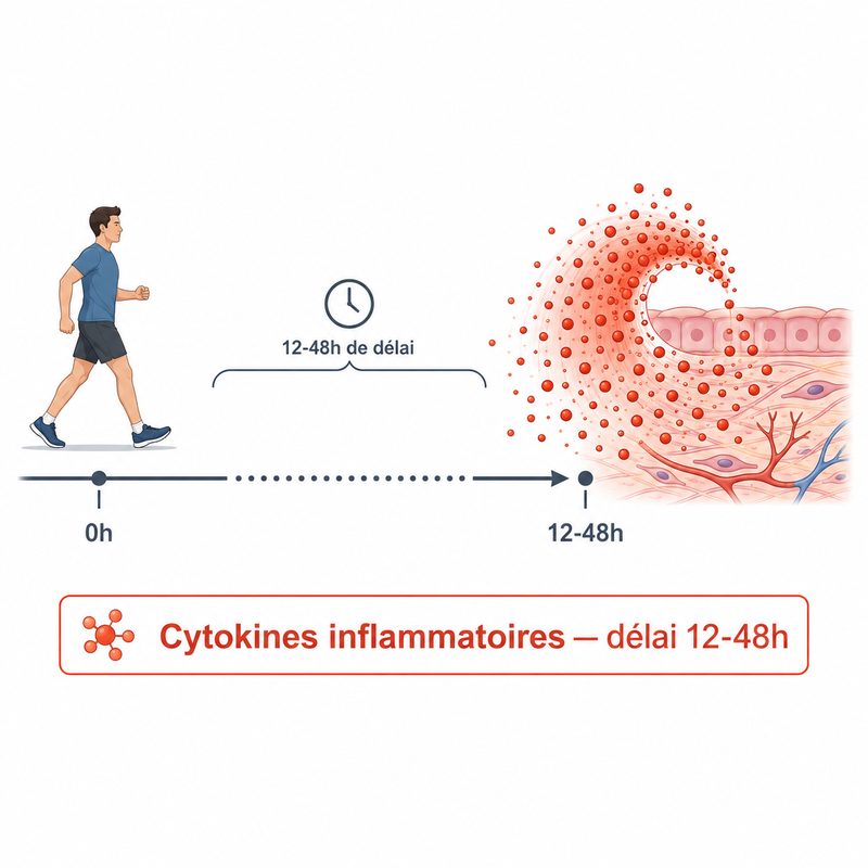 Graphique illustrant la réponse inflammatoire retardée et disproportionnée dans le PEM, avec pic de cytokines à 24-48h