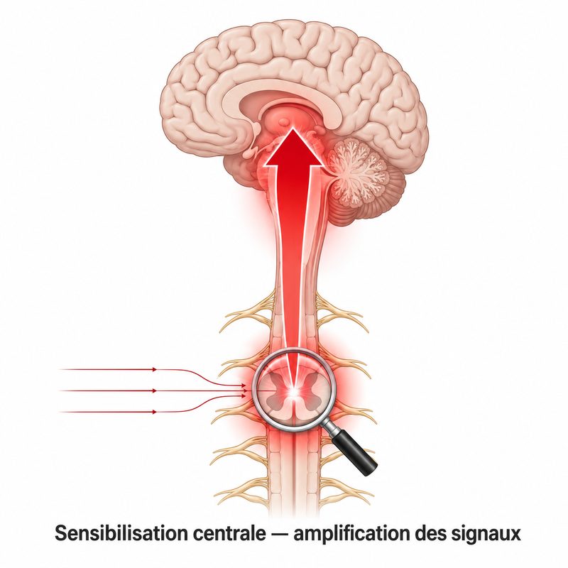 Illustration de la sensibilisation centrale : signaux normaux amplifiés par un système nerveux hypersensible après un effort