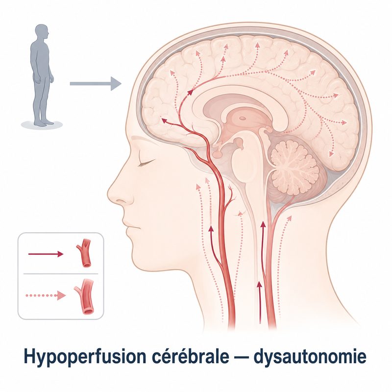 Illustration de l'hypoperfusion cérébrale et dysautonomie dans l'EM/SFC : flux sanguin cérébral réduit à l'effort