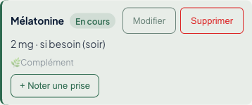 Carte d'un traitement « si besoin » dans l'app Boussole, avec le bouton « Noter une prise »