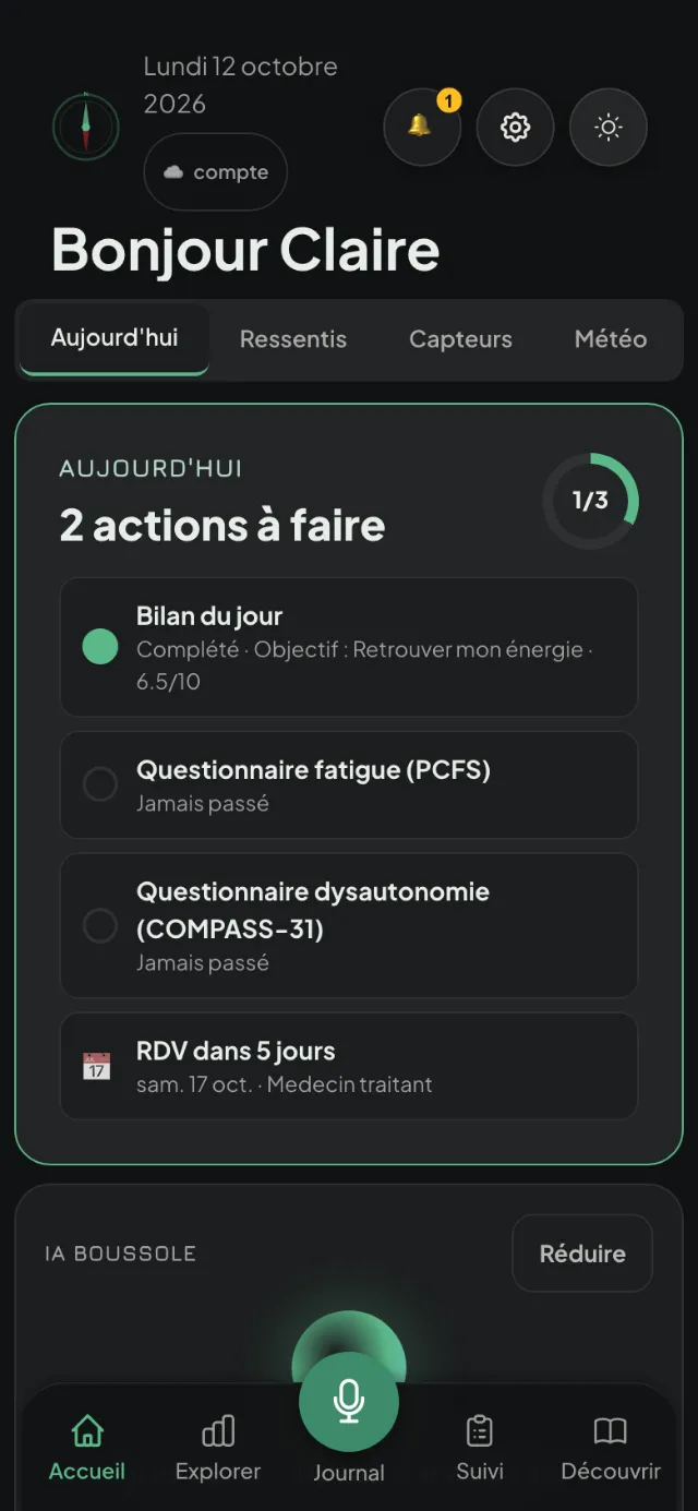 Écran Accueil de l’app Boussole : actions du jour, bilan du jour et rendez-vous à venir. Données fictives. (thème sombre)