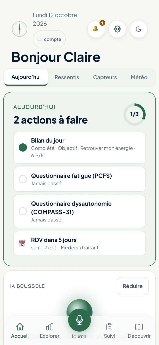 Écran Accueil de l’app Boussole : actions du jour, bilan du jour et rendez-vous à venir. Données fictives.