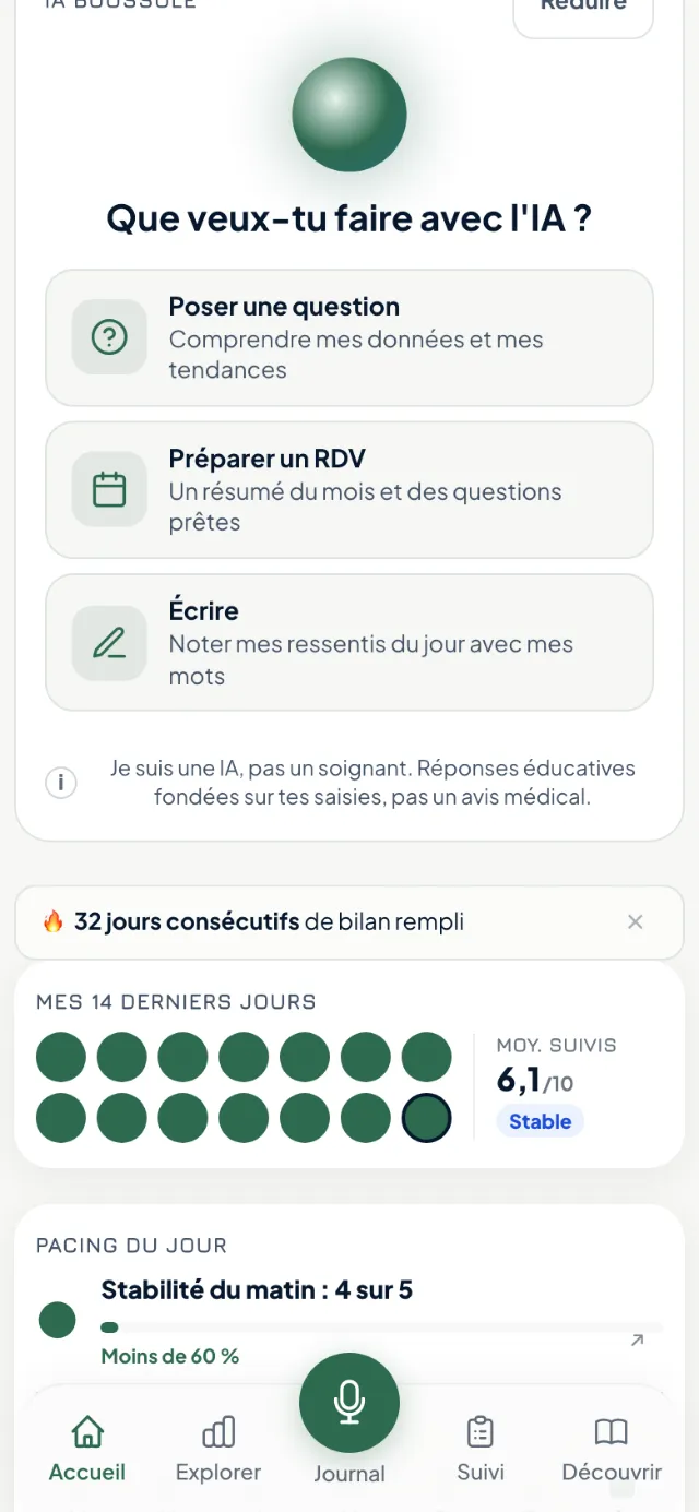 Écran Accueil de l’app Boussole : assistant IA avec trois entrées, poser une question, préparer un rendez-vous, écrire. Données fictives.