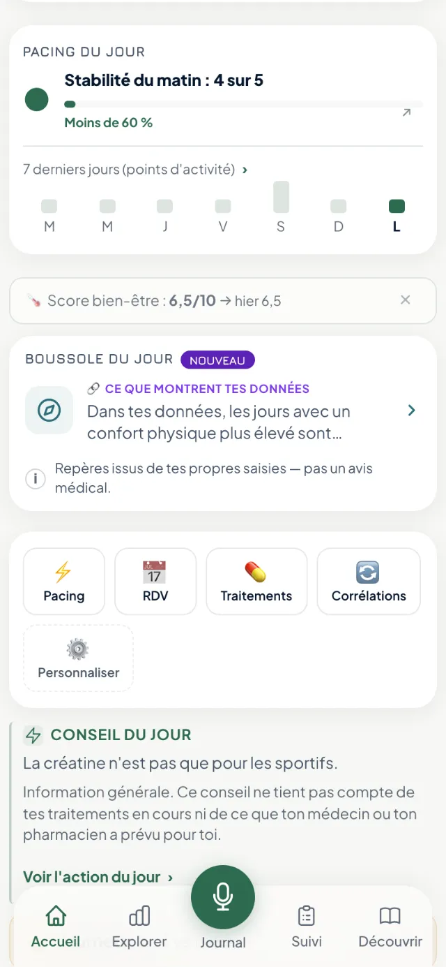 Écran Accueil de l’app Boussole : pacing du jour et stabilité du matin. Données fictives.