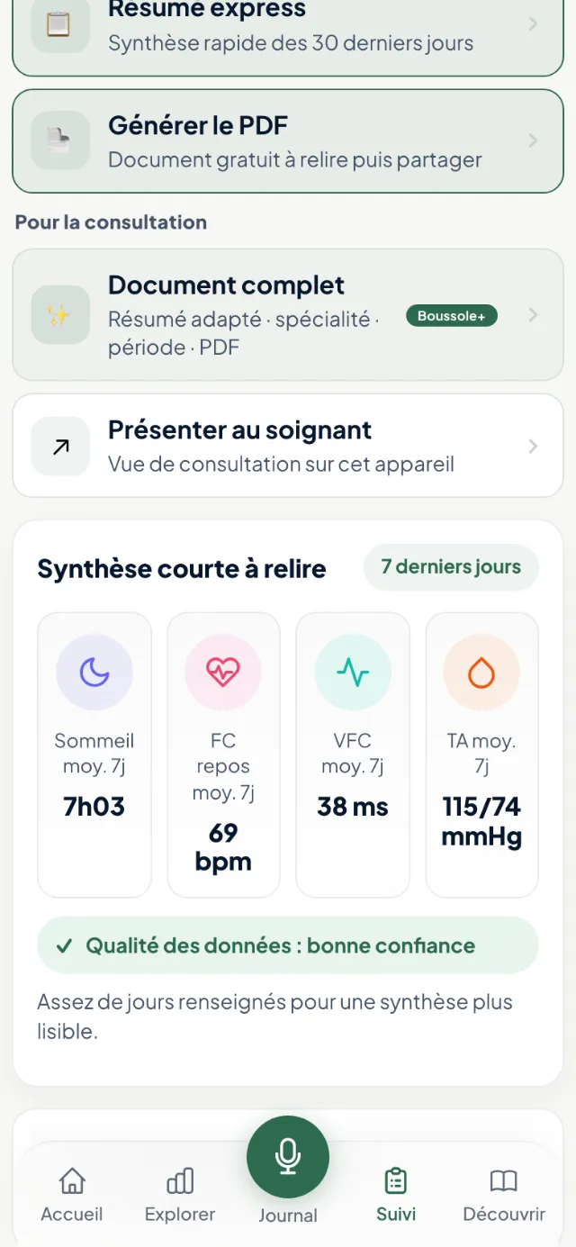 Écran Suivi de l’app Boussole : résumé express, génération du PDF et synthèse courte à relire. Données fictives.