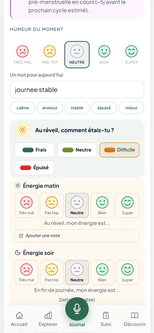 Écran Journal de l’app Boussole : humeur du moment en visages, énergie du matin et du soir. Données fictives.