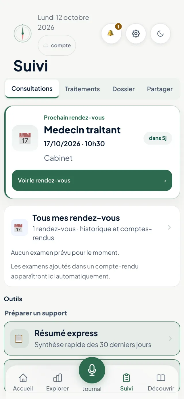 Écran Suivi de l’app Boussole : prochain rendez-vous, onglets consultations, traitements, dossier et partage. Données fictives.
