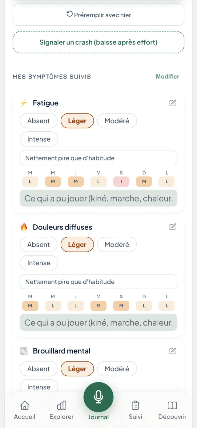 Écran Journal de l’app Boussole : symptômes suivis (fatigue, douleurs diffuses, brouillard mental) avec intensité et champ de contexte. Données fictives.