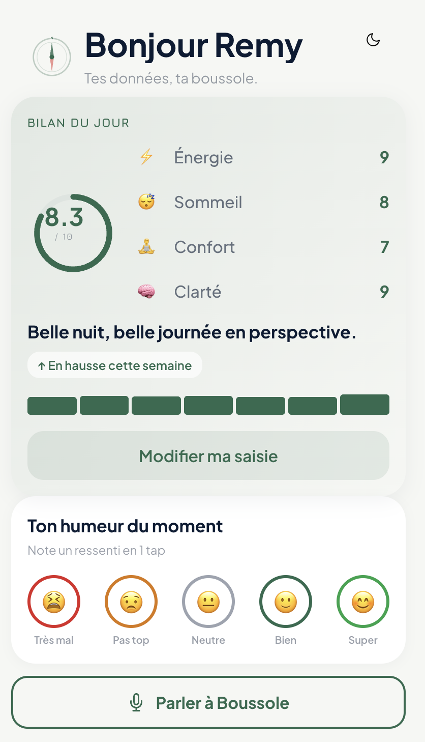 Aperçu de l'écran Accueil — bilan du jour avec score Boussole et métriques