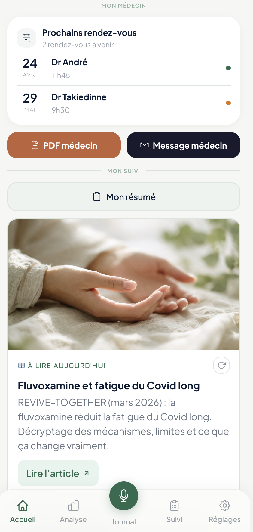 Aperçu de l'écran Accueil — vue tableau de bord santé et énergie